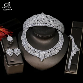 ASNORA Luksus Dubai Brude Bryllup Smykker Sæt Skinnende Cubic Zirconia Crown Halskæde Øreringe Sæt Kvindernes Nye Geometriske Sæt T0992