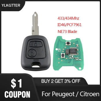 YLKGTTER 2 Knapper Fjernbetjening Key Fob Controller For Peugeot 206 433/434Mhz ID46/PCF7961 Transponder Chip & Uncut DIY NE73 Blade