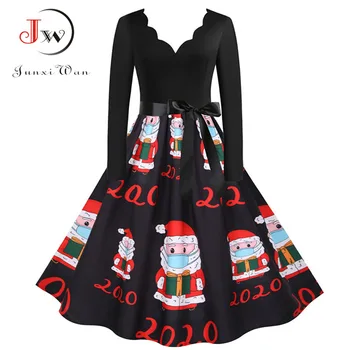 Plus Size Kvinder Jul Dress langærmet Vintage Elegant V-Hals og Print Big Swing Xmas Party Nye År vintertøj S~3XL Robe