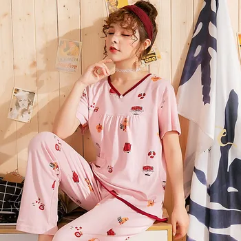 Plus Størrelse Bomuld kortærmet Lange Bukser, Pyjamas Sæt til Kvinder Summer Print Nattøj Pyjamas Homewear Pijama Mujer Tøj