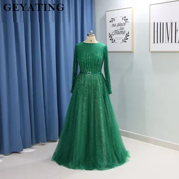 Vintage Blonder Grønne Dubai Kjole Til Aften I 2020 Elegante Lange Ærmer Arabisk Muslimske Prom Kjoler Sikning, Krystal Formel Part Kjoler