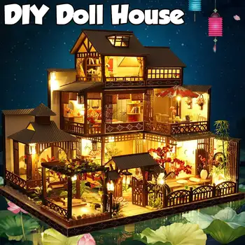 LED Lys Miniature dukkehus Loft Hus Model DIY-Dukkehus-Legetøj Model DIY Japansk Villa Dukkehus Med Møbler