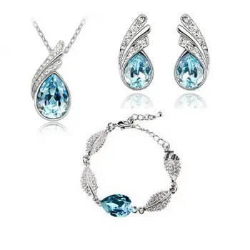 QiLeSen Fine smykker 925 sterling sølv egnet til damer sæt, Bedst sælgende krystal havet blå Halskæde, armbånd, Øreringe Sæt YW