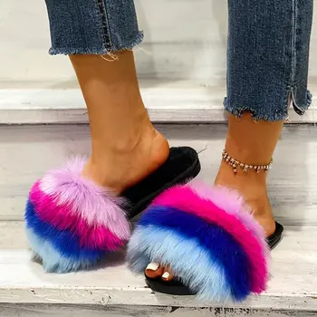Kvinder Furry Tøfler Faux Fur Kom Berømtheder Dias Mode Bløde Bløde Sandaler Mode Luksus Sko damer Hele Sæsonen Hot