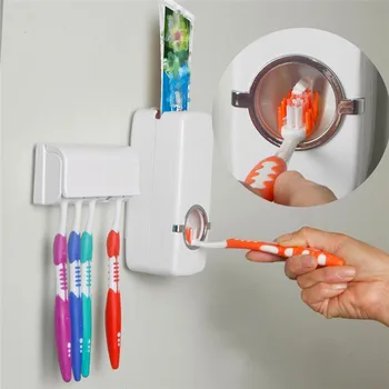 Automatisk 5 Tandbørsteholder Sæt Vægbeslag Stå Tandbørsteholder Hvide Automatisk Tandpasta Dispenser Badeværelse Værktøjer Sæt