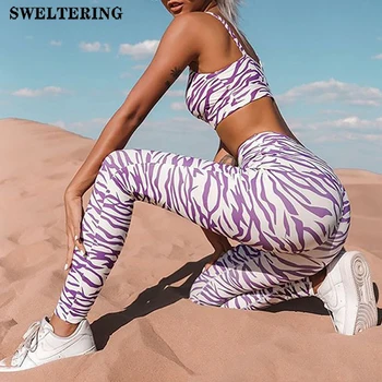 Problemfri Yoga Passer Til Fitness Zebra Mønster Sæt Sportstøj Afgrøde Tank Tops Høj Talje Butt Lift Squat Bevis Leggings Sport Pants 2 Stk