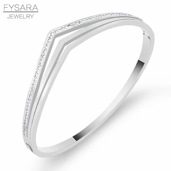 FYSARA Titanium Stål Tre Træk Krystaller V-Form, Armringe & Armbånd Til Kvinder Klassiske Brand Fuld Zircon Manchet Armbånd Bryllup