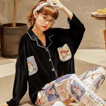 Pyjamas Kvinder Foråret og Efteråret langærmet Golden Velvet koreanske Løs Tynd Studerende Sød Koral Velvet Vinter Homewear Mode