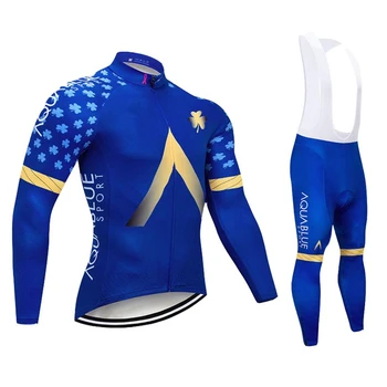 Aqua blå varm mænd cykling jersey vinter cykel fleece langærmet jakke sæt ciclismo bomuldsfløjl MTB tøj, bib pants, der passer