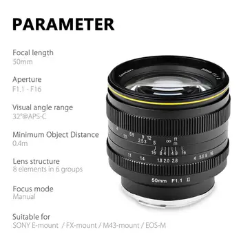 KamLan 50mm f1.1 II APS-C-Stor åbning Manuel Fokus Linse til Mirrorless Kameraer Kamera Linse til Canon Sony Fuji