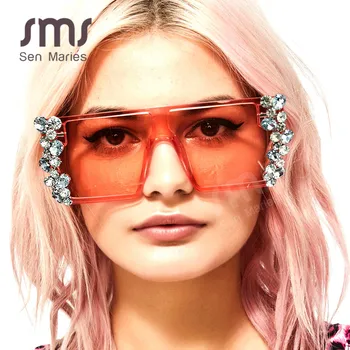 Overdimensionerede Diamant Square Solbriller Kvinder Luksus Mærke vintage Flad Top Pink Sort Rhinestone Et Stykke Mænd Gafas Nuancer UV400