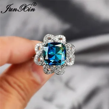 Mystic Rainbow Brand Crystal Geometriske Ringe Til Kvinder Sølv Farve Blå Grøn Sten Zircon Luksus Engagement Ring Smykker Cz