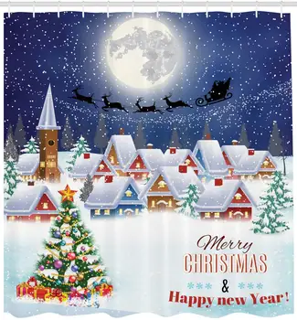 Jul badeforhæng Månen Julemanden Rensdyr Svævende i Vinter Himlen i en Lille Landsby Illustration Klud Stof Badeværelse