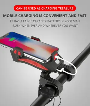 4 I 1 Multi-funktionel Cykel Lys Mobiltelefon Holder Riding Forlygte Horn USB-Opladning Holder Fast Cykling Mount Beslag