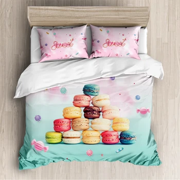Fransk macarone dessert luksus kids bedding set anime tvilling, dronning, konge i fuld størrelse sengetøj sæt pink talsmanden cover sæt