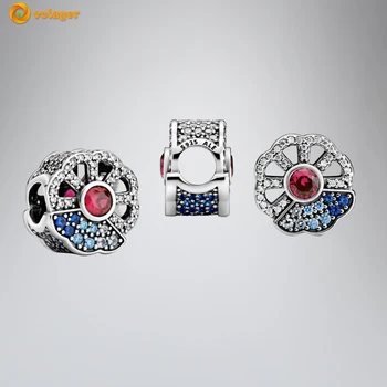 Volayer 925 Sterling Sølv Perle Blue & Pink Fan Charms passer Oprindelige Pandora Armbånd til Kvinder Smykker at Gøre Fødselsdagsgave