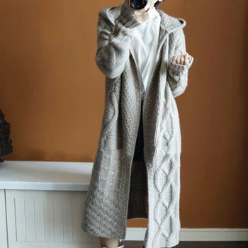 Efterår og vinter Nye hooded coat Cashmere Cardigan Sweater kvinder er ensfarvet Pels, tyk blød Cardigan fashion lang frakke