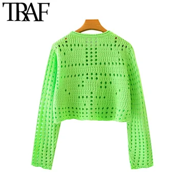 TRAF Kvinder Mode Hule Ud Beskåret Strikket Cardigan Sweater Vintage O-Hals Lange Ærmer Kvindelige Overtøj Smarte Toppe