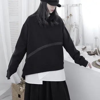 XITAO Kvinder Mode Sweatshirt Sort 2020 Efteråret Pullover Patchwork Uregelmæssige Afslappet Stil Løs Plisserede Sweatshirt DZL2241