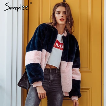 Simplee Mode kontrast farve pink pels Kvinder med lange ærmer varm jakke faux pels, tyk pels 2018 Vinter lynlås bombefly pels