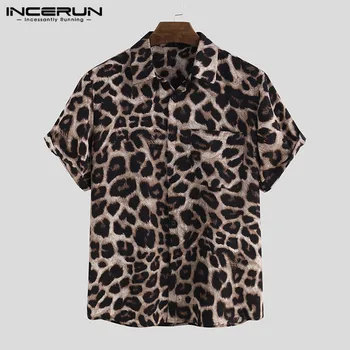 Mode Leopard Skjorte Mænd Kort Ærme Part 2021 Casual Løs Camisa Revers Sommeren Herre Hawaii-Skjorter Streetwear INCERUN