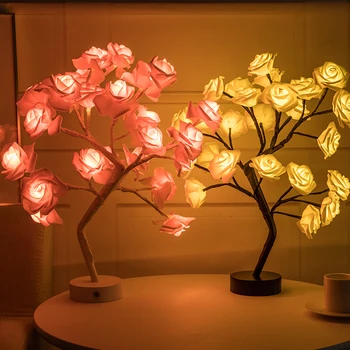 Night Lights, LED bordlampe Rose Flower Tree USB-Hjem Dekoration LED Bord Lys Parter Xmas Jul Bryllup Soveværelse Indretning