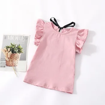 Toddler Pige Sommer Kausale T-Shirt med Flæse T-shirt Til Piger Dejlig Baby Pink/Hvid/Grå/Stribet Basic Tees Kvalitet Toppe