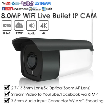 4K 8.0 MP 5X Auto Fokus Trådløse WiFi-Waterproof Bullet Live Streaming IP-Kamera-Transmission til YouTube/Facebook ved at RTMP W/Audio