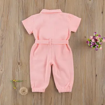 2020 Spædbarn Kids Baby Piger Tøj Denim Jumpsuit har Et Stykke Barn Turn-down Krave Taske Korte Ærmer Romper 1-6Y til Børn