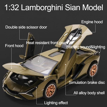1:32 Lamborghinis Sian Bil Trykstøbt Legering Sportsvogn Model Lyder Super Racing Løfte Halen Hot Metal Bil Hjul Til Børn Gaver