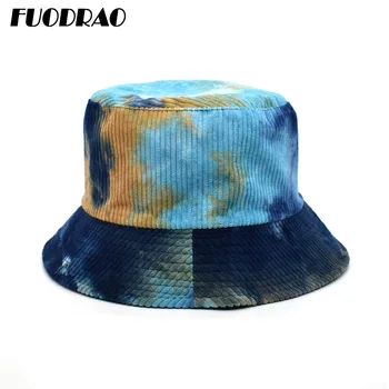 FUODRAO Nye Efteråret Fløjlsbukser Tie Dye Bucket Hat Reversible Panama Hat Kvinder Harajuku Vintage Hip Hop Fiskeren Hat M122