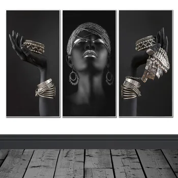 Afrikanske Sort Kvinde Med Gyldne Smykker, Kunst Malerier På Væg Kunst, Plakater Og Print På Lærred Billede Til Room Dekoration