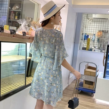 Kvinder trykt blomstret chiffon midi kjole half sleeve plisserede elegante slanke 2020 sommeren afslappet høj talje vestidos de verano