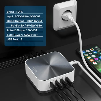 TOPK 8-Port hurtig opladning 3.0 telefonen oplader, Xiaomi iPhone huawei hurtig opladning usb oplader EU USA UK Stik desktop adapter