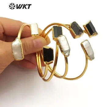 WT-B503 WKT Naturlige Perle Og Sort Turmalin Armbånd Guld Bezel Kan Justerbart Armbånd Kvinder Mode Charme Armbånd Smykker