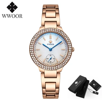 WWOOR luksus kvinder armbåndsur i klassisk diamant Kjole rose guld ur i rustfrit stål Mode Kvarts Ur Kvinde Montre Femme 2020