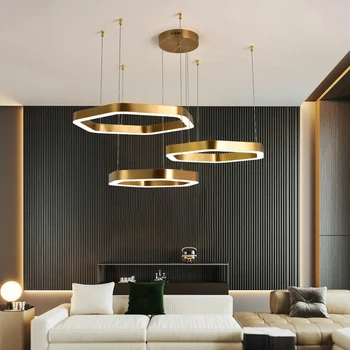 Nye moderne led lysekrone til stue Sekskant kombineret ring lamper hjem indretning guld rustfrit stål, hængende belysning fastholdelsesanordningen