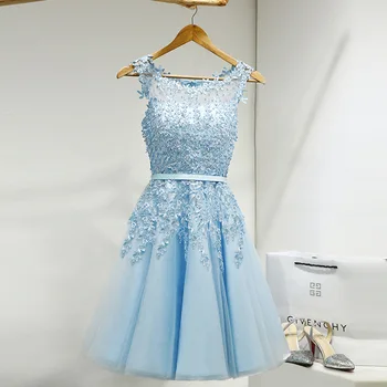 Kvinders bryllup part kjole plus size O hals blonder perlebesat blå kort formel prom aften kjole til nytår 2021 cocktail kjole