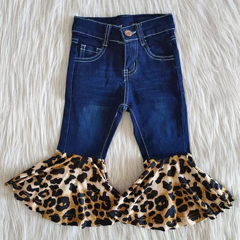 Engros Baby Piger Fall Winter Denim Bell Bunden Børn Boutique Fashionable Børn Toddler Leopard Blusset Bukser-Jeans