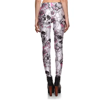 Leggings Nye Ankomst Kvinder Skull&Peach blossom Leggings Digital Print Pants Bukser med Stretch Pants Engros