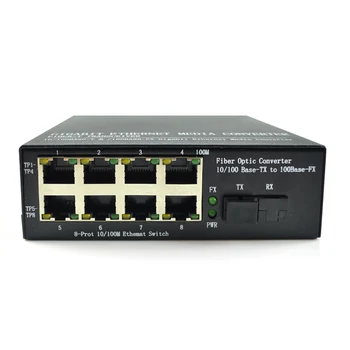 Fast Ethernet Media Converter 10/100Mbps Optiske Media Converter 8 Ports RJ45 til 1 Port Singlemode SM Fiber SC Transceiver-20 KM