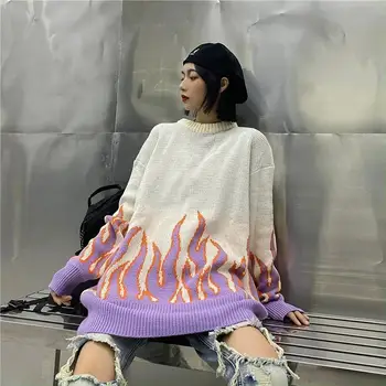 Koreanere Harajuku High Street Flamme Sweater Kvinde, Løs Strik Pullover Sweater Nye Ankomst 2020 O-hals Trøjer