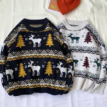 2020 Japansk retro Harajuku Jul elk trøje med rund hals pullover par sweater mænd og kvinder polstret sweater