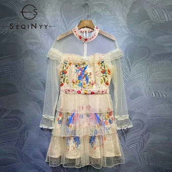 SEQINYY Beige Mini Kjole Dobby Vintage Blomster Print Sommer Forår Nye Mode Design til Kvinder Banen Mesh Dot Flæser Cascading