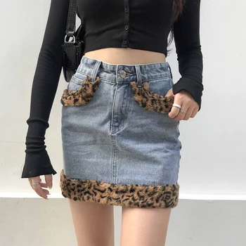 Darlingaga Streetwear Faux Fur Leopard Print Denim Nederdel Mini-Mode Vintage Splejset Y2K Høj Talje Nederdel med Lommer Kvinder Nederdele