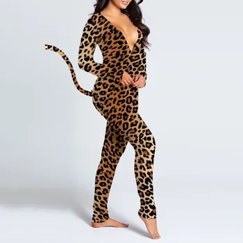 2021 Sexede Kvinder Romper Leopard Print, Lange Ærmer Knap Flap Nattøj Buksedragt Body Playsuit Romper Dyr Cosplay Kostume