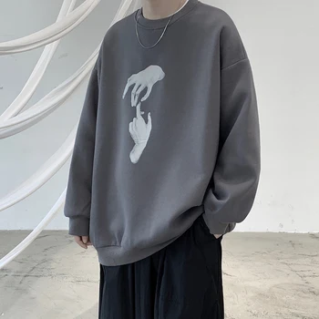 Koreansk Stil Oversized Sweatshirt Mode To Hånd Print Pullover Ulzzang Kpop Tøj Løs Hip Hop Top Mænd Tøj Sweetshirt