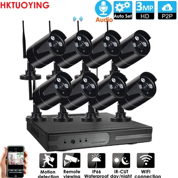 Plug&play-8CH 3MP HD-lyd Trådløst NVR Kit P2P 3.0 P Indendørs Udendørs IR Night Vision Security 3,0 MP IP-Kamera WIFI CCTV-System