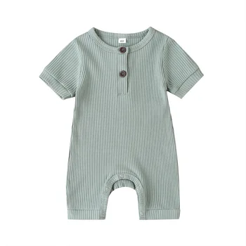 Nyfødte Baby Pige Dreng Solid Cotton Short Romper Sleeve-Jumpsuit-Knappen Bomuld Tøj