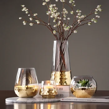 Nordisk Guld Folie Kunst Vase Have Hydroponics Glas Blomstervaser Desktop Moderne Håndværk, Boligindretning Tilbehør Bryllupsgave